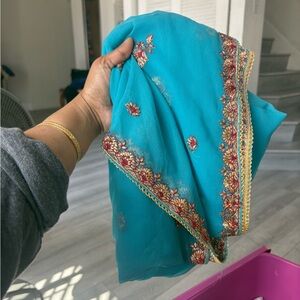 Embroidered Teal Women's dupatta with Gold & Red Trim